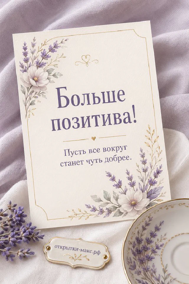 Открытка «Больше позитива!» с лавандовым орнаментом на льняном фоне, рядом горящая свеча и веточки лаванды — вариант 7