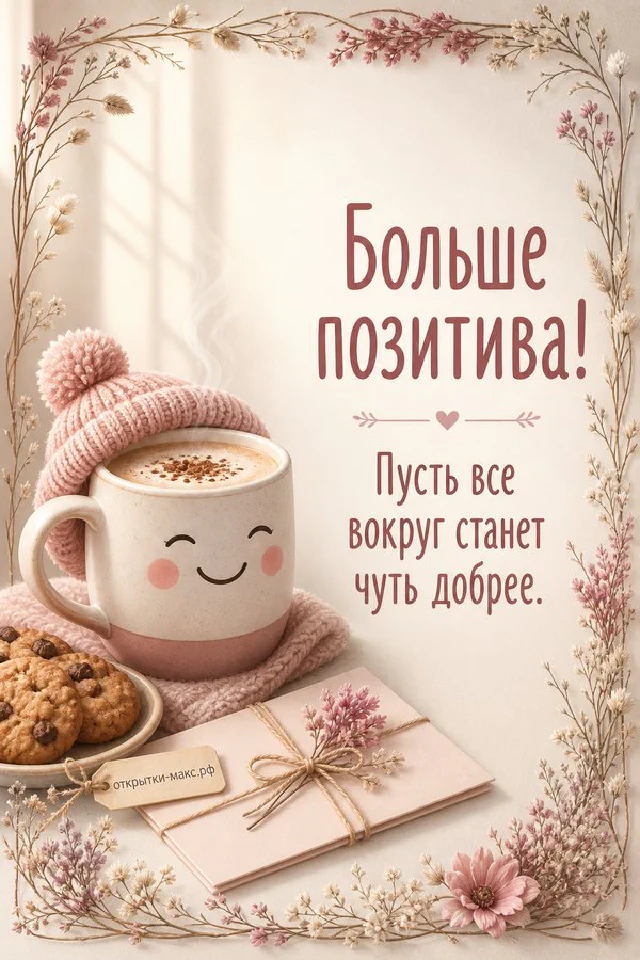 Открытка «Больше позитива!» с лавандовым орнаментом на льняном фоне, рядом горящая свеча и веточки лаванды — вариант 8