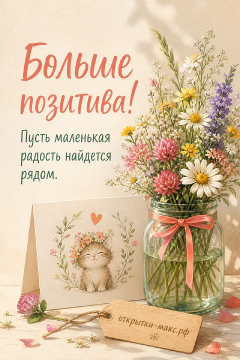 Букет полевых цветов — ромашки, клевер, лаванда — в стеклянной банке рядом с открыткой с котиком в венке