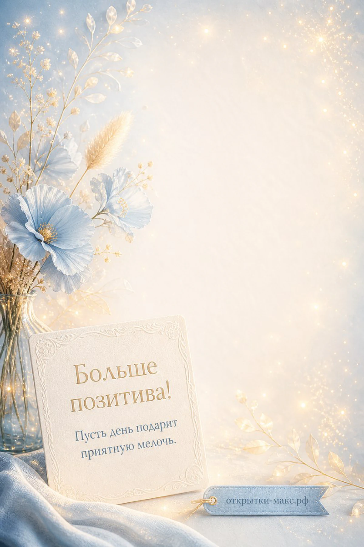 Голубые полевые цветы в вазе с боке-огнями и карточкой с надписью Больше позитива на светлом фоне