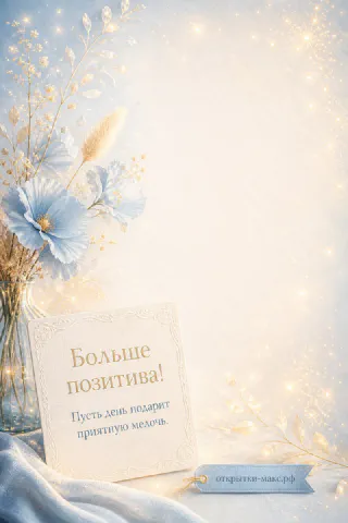 Голубые полевые цветы в вазе с боке-огнями и карточкой с надписью Больше позитива на светлом фоне