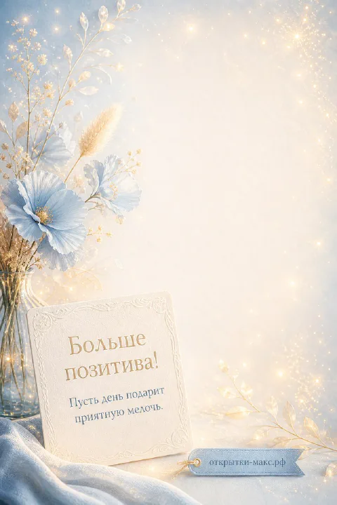 Голубые полевые цветы в вазе с боке-огнями и карточкой с надписью Больше позитива на светлом фоне