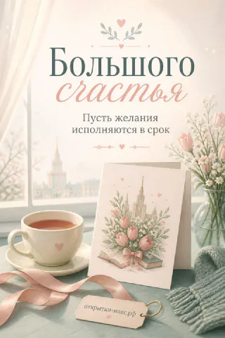 Чашка чая с розовой лентой, тюльпаны в вазе у окна с зимним видом и открытка с рисунком здания на столе