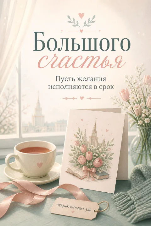Чашка чая с розовой лентой, тюльпаны в вазе у окна с зимним видом и открытка с рисунком здания на столе