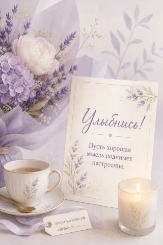 Букет с белым пионом, лавандой и гортензией рядом с чашкой кофе и свечой, карточка с надписью «Улыбнись»