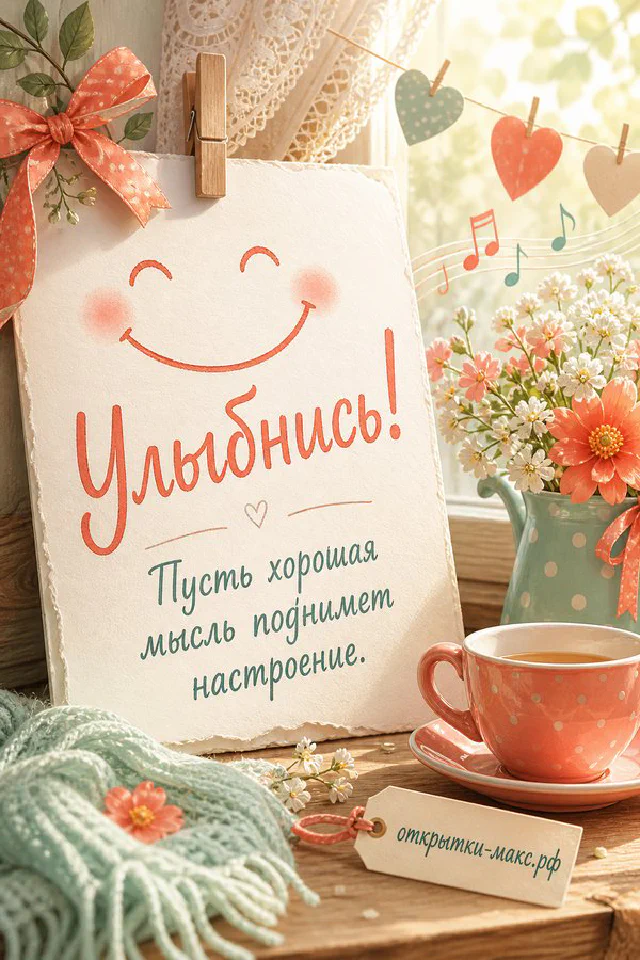 Букет с белым пионом, лавандой и гортензией рядом с чашкой кофе и свечой, карточка с надписью «Улыбнись» — вариант 2