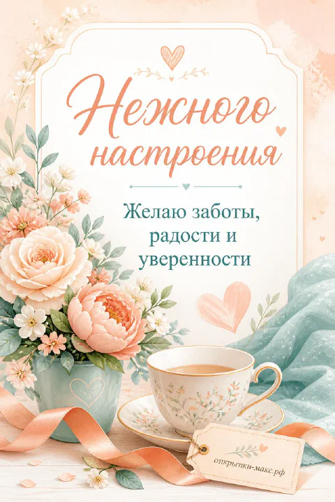 Розовые пионы в бирюзовой вазе и чашка чая на светлом фоне с надписью Нежного настроения и сердечками