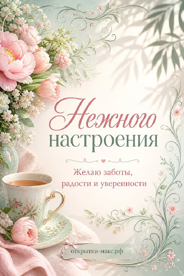 Розовые пионы в бирюзовой вазе и чашка чая на светлом фоне с надписью Нежного настроения и сердечками — вариант 2