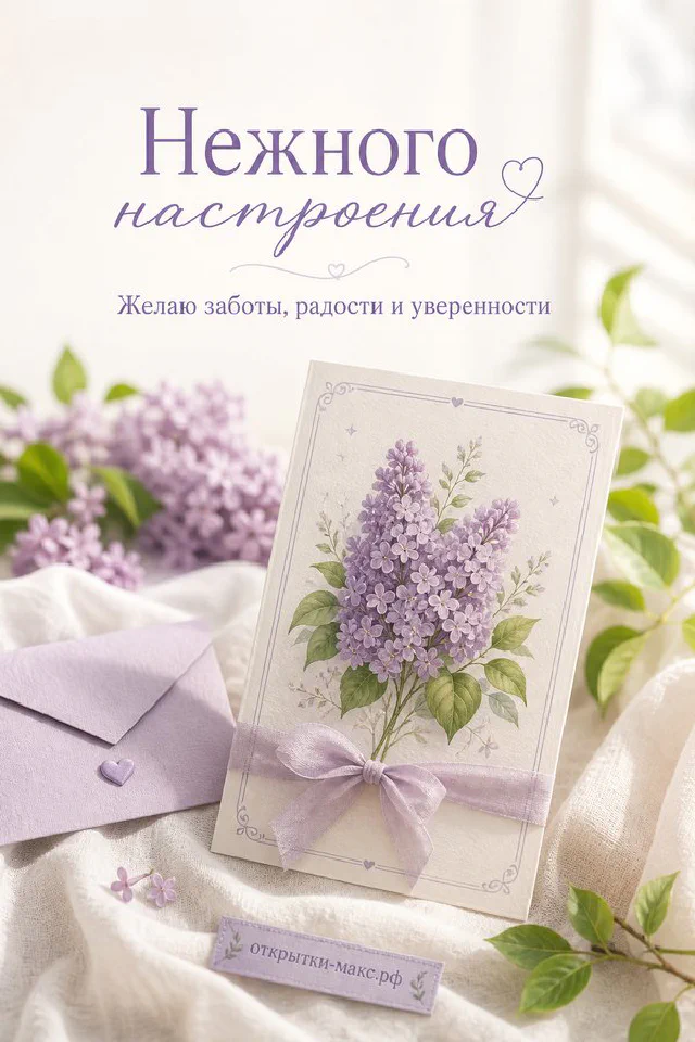 Розовые пионы в бирюзовой вазе и чашка чая на светлом фоне с надписью Нежного настроения и сердечками — вариант 3