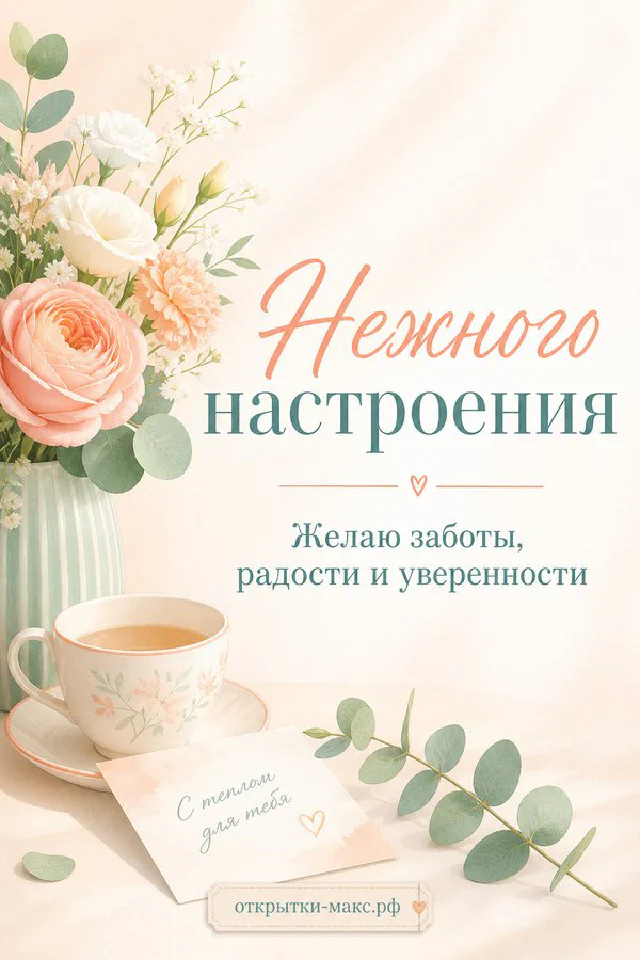 Розовые пионы в бирюзовой вазе и чашка чая на светлом фоне с надписью Нежного настроения и сердечками — вариант 8