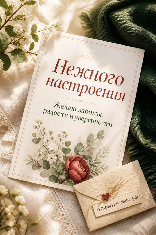 Розовые пионы в бирюзовой вазе и чашка чая на светлом фоне с надписью Нежного настроения и сердечками — вариант 4
