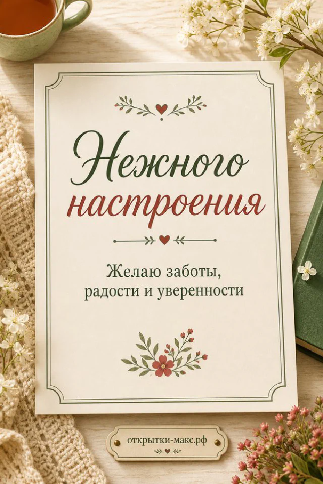 Розовые пионы в бирюзовой вазе и чашка чая на светлом фоне с надписью Нежного настроения и сердечками — вариант 5