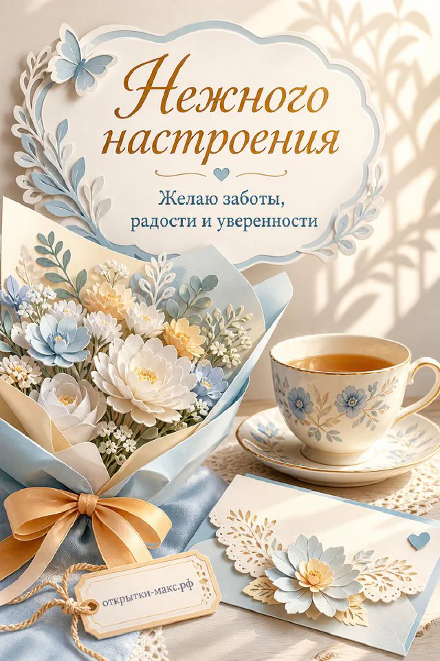 Розовые пионы в бирюзовой вазе и чашка чая на светлом фоне с надписью Нежного настроения и сердечками — вариант 6