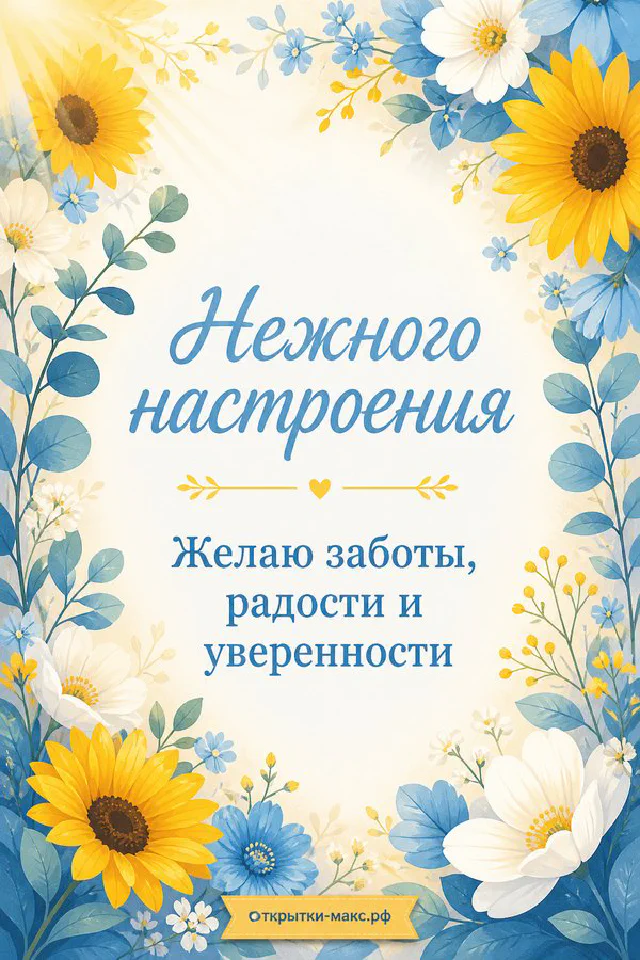 Розовые пионы в бирюзовой вазе и чашка чая на светлом фоне с надписью Нежного настроения и сердечками — вариант 7