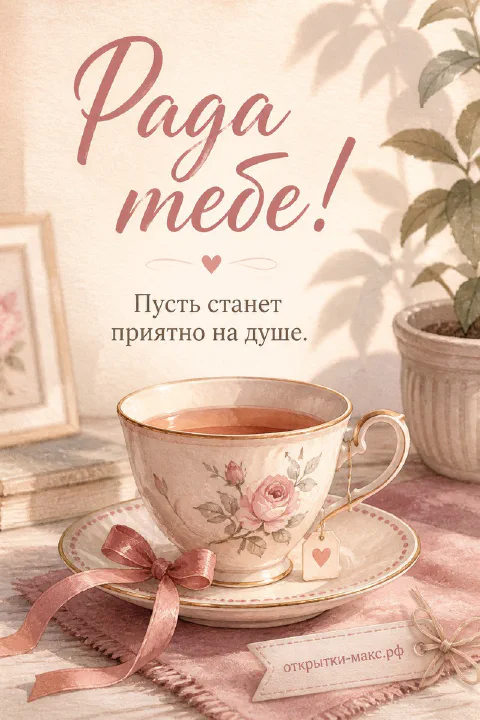 Фарфоровая чашка с чаем в розовых тонах с атласным бантом и горшечным растением, надпись «Рада тебе»