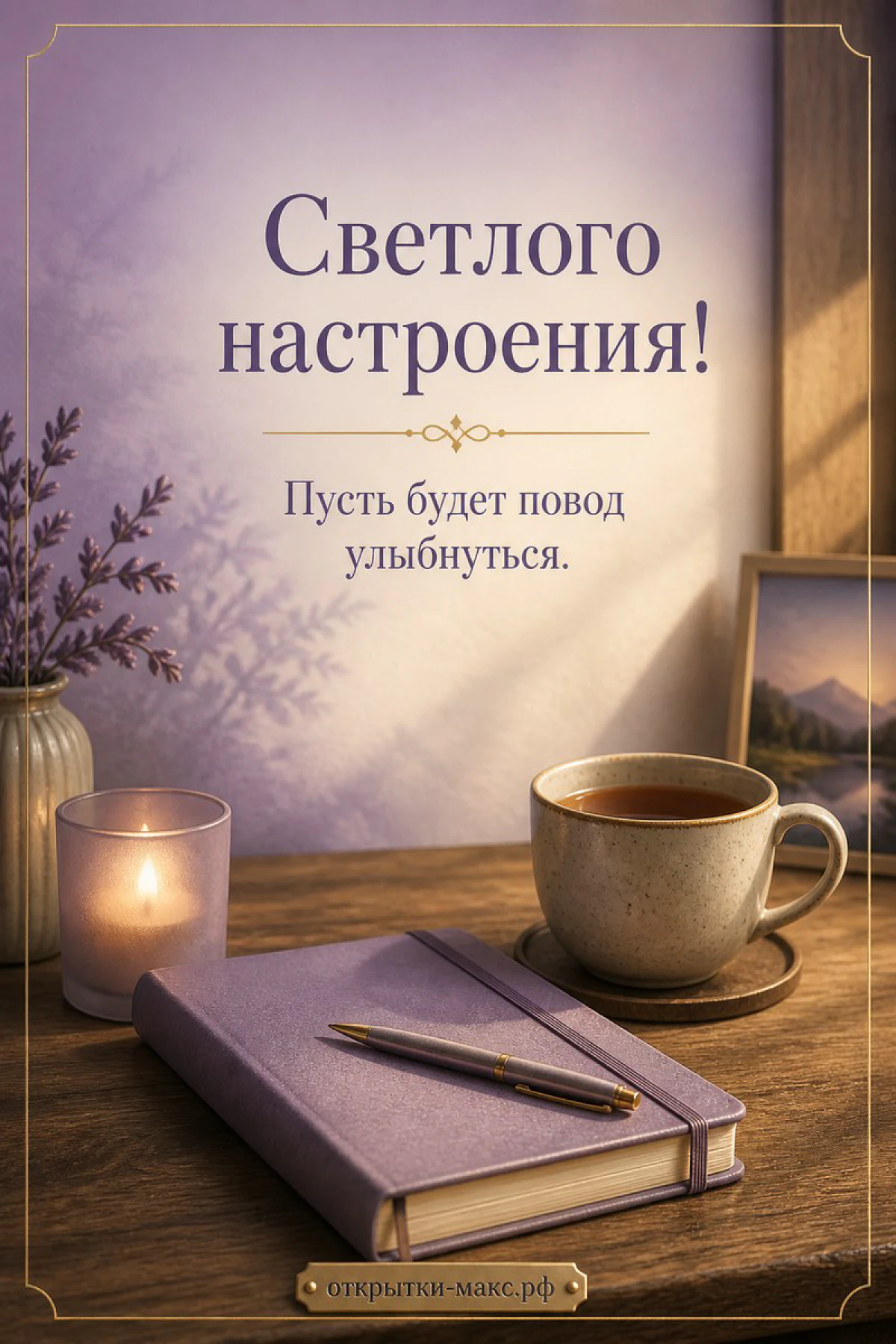 Чашка чая, лавандовый дневник и горящая свеча на деревянном столике с надписью «Светлого настроения»