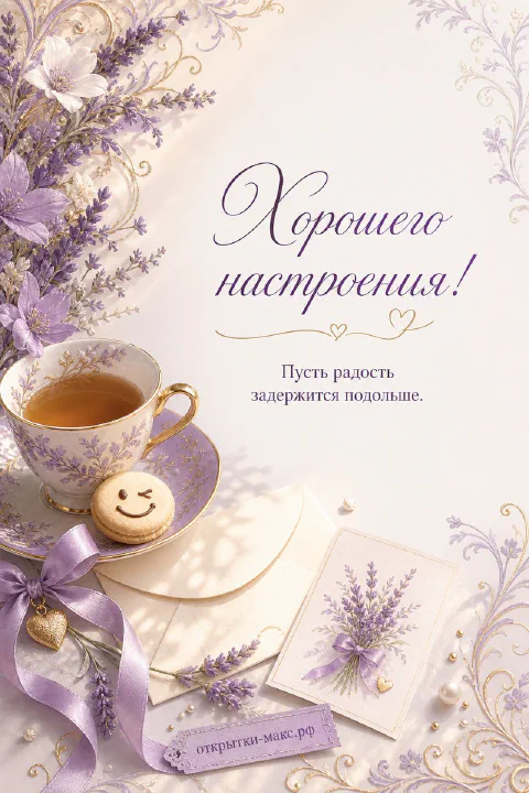 Фарфоровая чашка с чаем и лавандовым узором, макарон с улыбкой, конверт и цветы на кружевном фоне, надпись «Хорошего настроения»