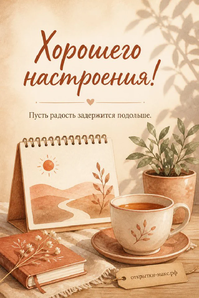 Фарфоровая чашка с чаем и лавандовым узором, макарон с улыбкой, конверт и цветы на кружевном фоне, надпись «Хорошего настроения» — вариант 2