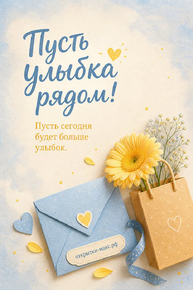 Крупный жёлтый подсолнух в рыжей глиняной кружке с осенними листьями, надпись «Пусть улыбка рядом» — вариант 2