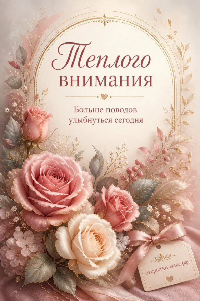 Открытка с белыми пионами, синими незабудками и чашкой чая в голубой рамке из листьев, надпись «Тёплого внимания» — вариант 7