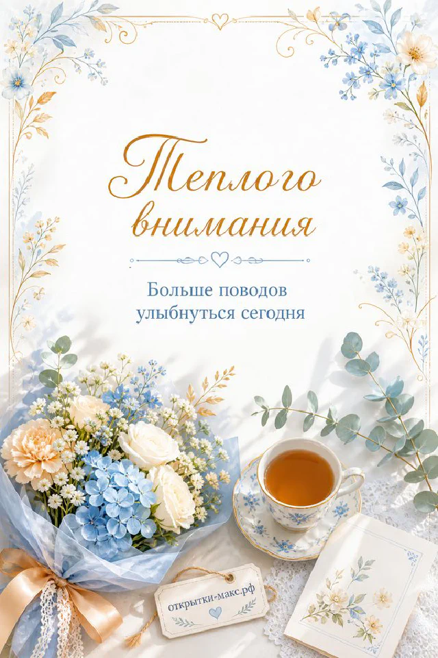 Открытка с белыми пионами, синими незабудками и чашкой чая в голубой рамке из листьев, надпись «Тёплого внимания» — вариант 3