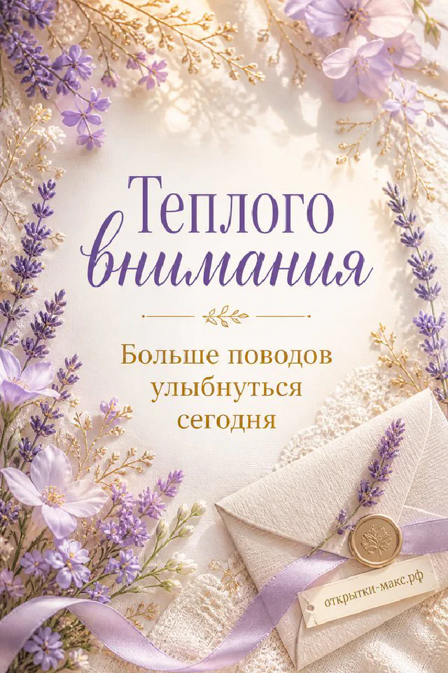 Открытка с белыми пионами, синими незабудками и чашкой чая в голубой рамке из листьев, надпись «Тёплого внимания» — вариант 4