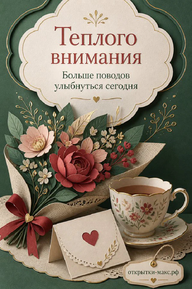 Открытка с белыми пионами, синими незабудками и чашкой чая в голубой рамке из листьев, надпись «Тёплого внимания» — вариант 8