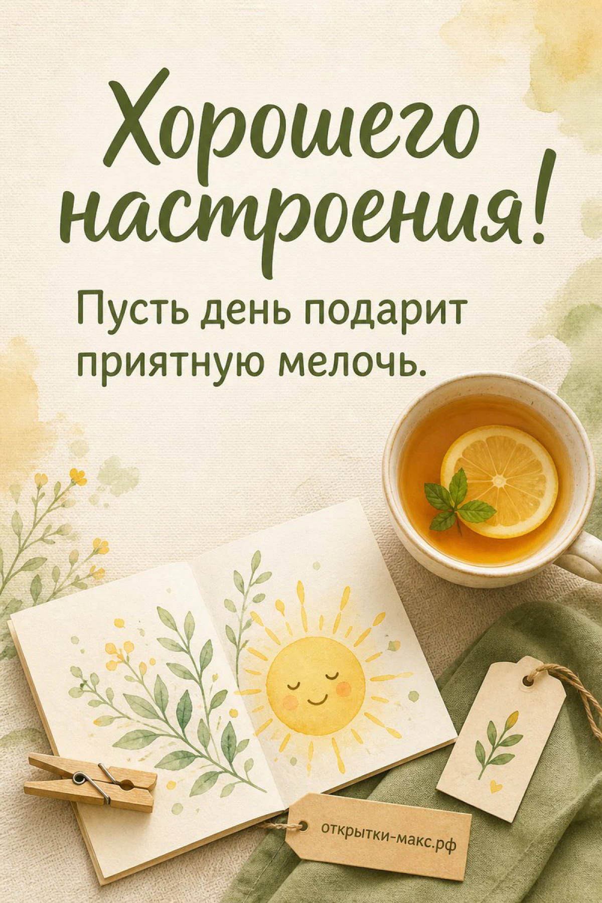 Чашка чая с лимоном и мятой, открытый блокнот с рисунком солнышка и надпись Хорошего настроения