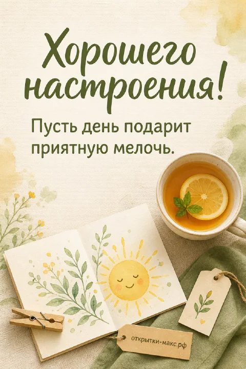 Чашка чая с лимоном и мятой, открытый блокнот с рисунком солнышка и надпись Хорошего настроения