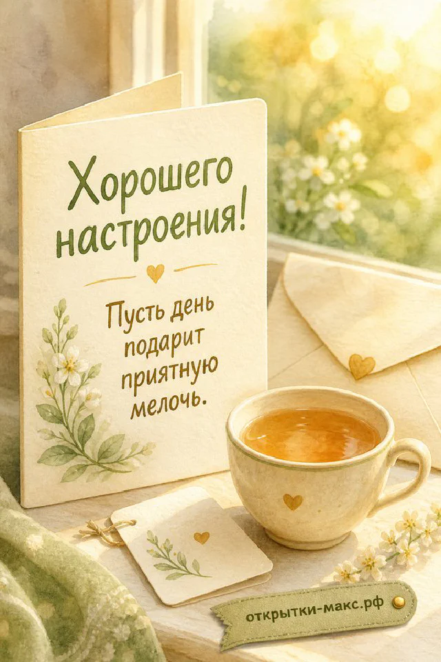 Чашка чая с лимоном и мятой, открытый блокнот с рисунком солнышка и надпись Хорошего настроения — вариант 3