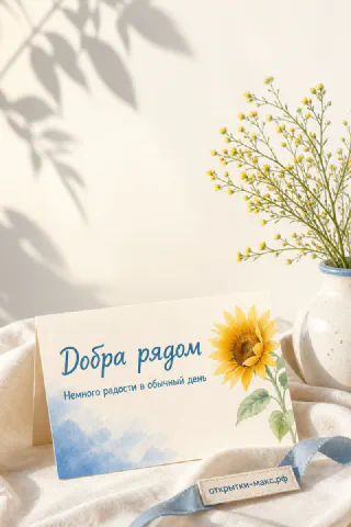 Акварельная открытка с жёлтым подсолнухом на голубом фоне рядом с вазой и мимозой