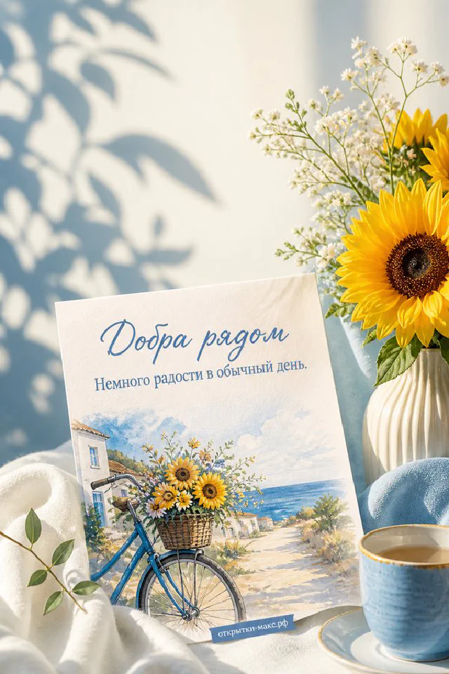 Акварельная открытка с жёлтым подсолнухом на голубом фоне рядом с вазой и мимозой — вариант 3