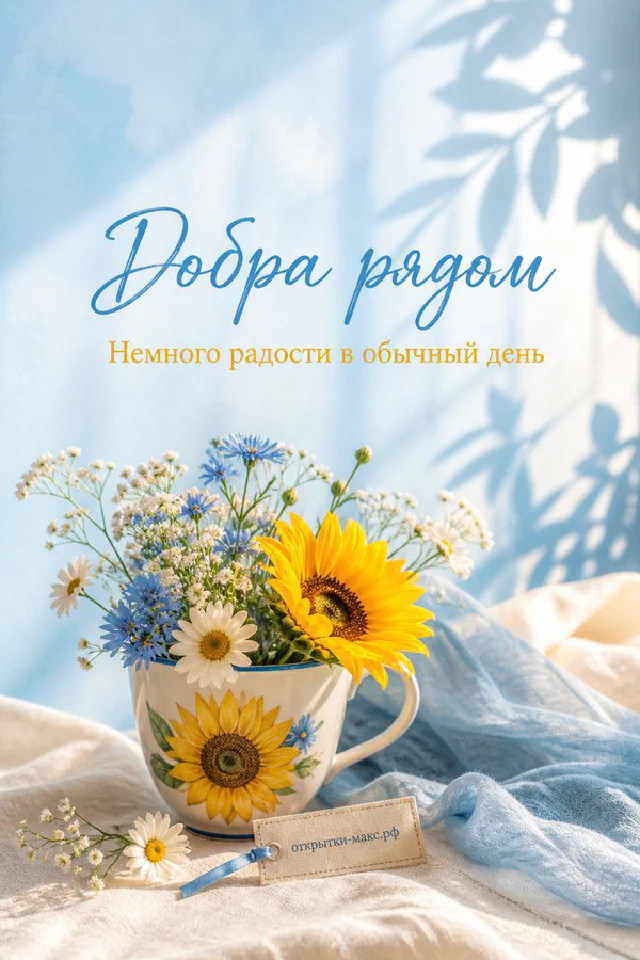 Акварельная открытка с жёлтым подсолнухом на голубом фоне рядом с вазой и мимозой — вариант 5