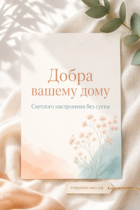 Акварельная открытка с мелкими персиковыми цветами и зелёными ветвями на пастельном фоне
