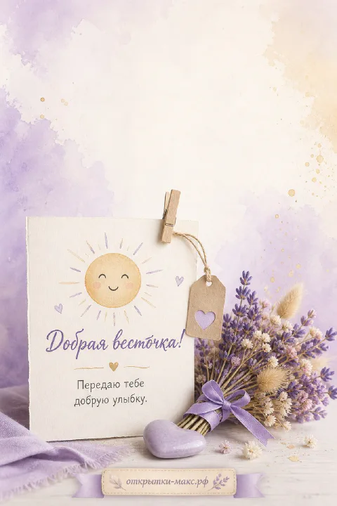 Открытка с нарисованным улыбающимся солнцем и букетом сухой лаванды на светлом фоне