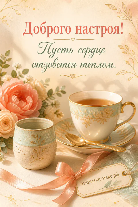 Фарфоровая чашка чая на блюдце, персиковые розы и розовая лента на светлом фоне