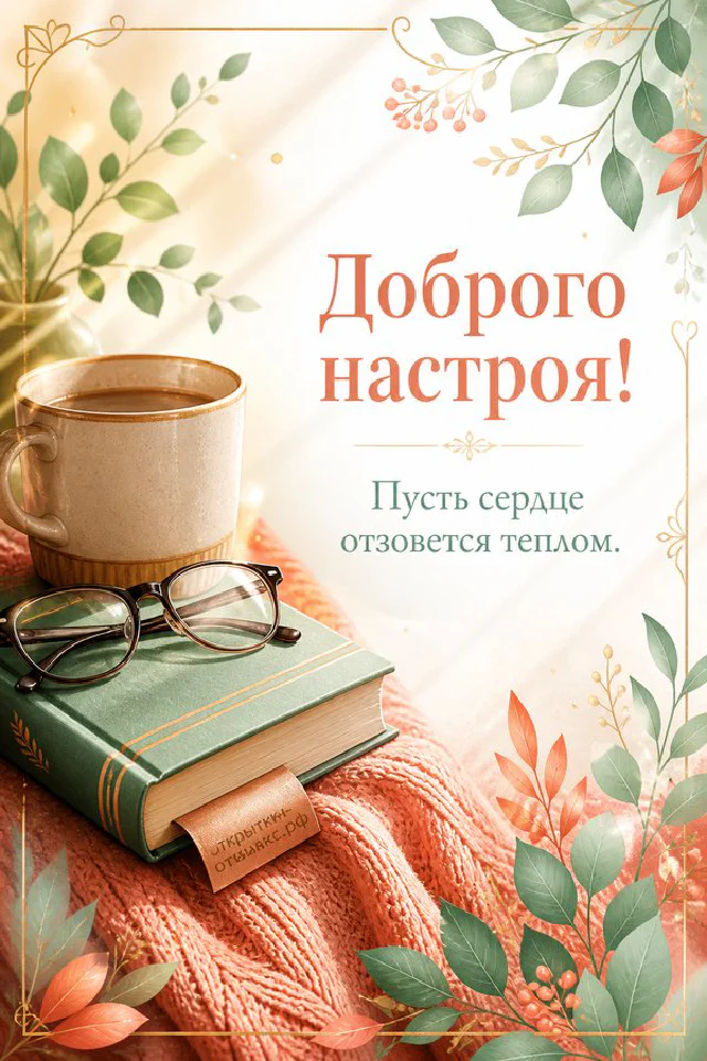 Фарфоровая чашка чая на блюдце, персиковые розы и розовая лента на светлом фоне — вариант 2