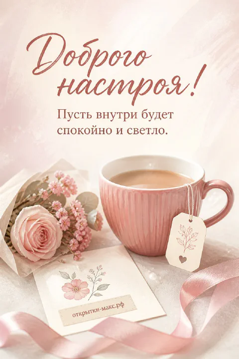 Розовая рифлёная кружка с розой и открыткой на нежно-розовом фоне с надписью Доброго настроя