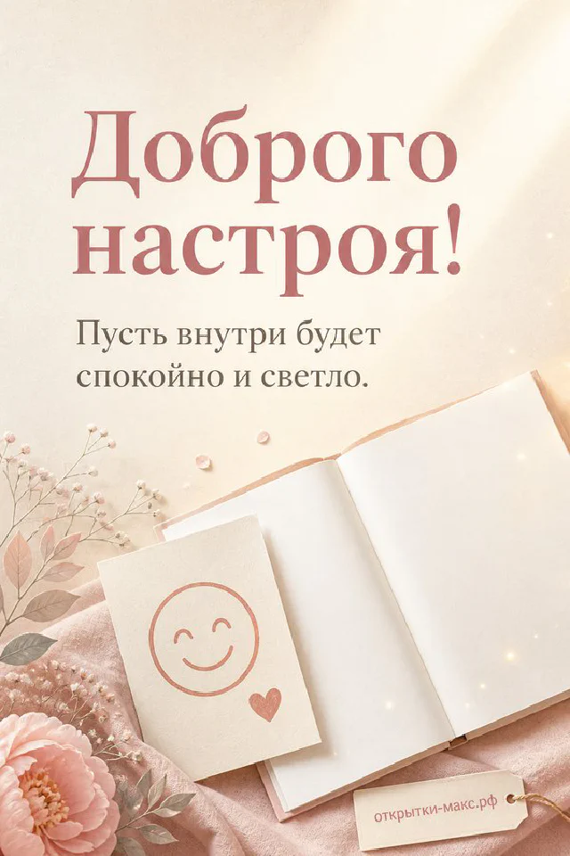 Розовая рифлёная кружка с розой и открыткой на нежно-розовом фоне с надписью Доброго настроя — вариант 2