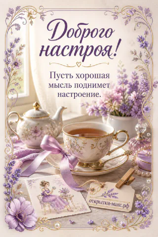 Расписной фарфоровый чайник и чашка чая с лавандой на фоне сиреневых цветов, шёлковая лента и миниатюрная фотография, надпись «Доброго настроя!»