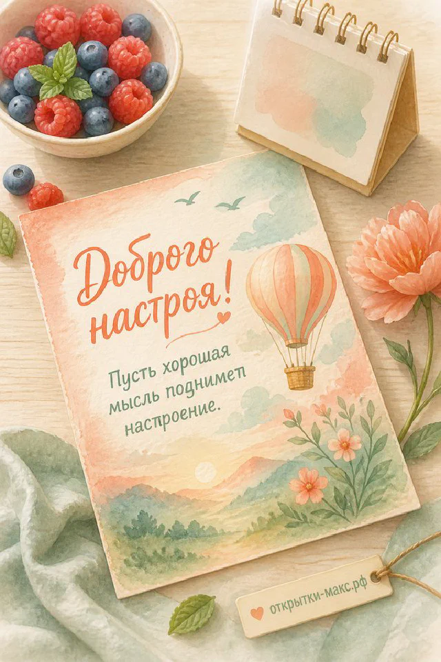 Расписной фарфоровый чайник и чашка чая с лавандой на фоне сиреневых цветов, шёлковая лента и миниатюрная фотография, надпись «Доброго настроя!» — вариант 7