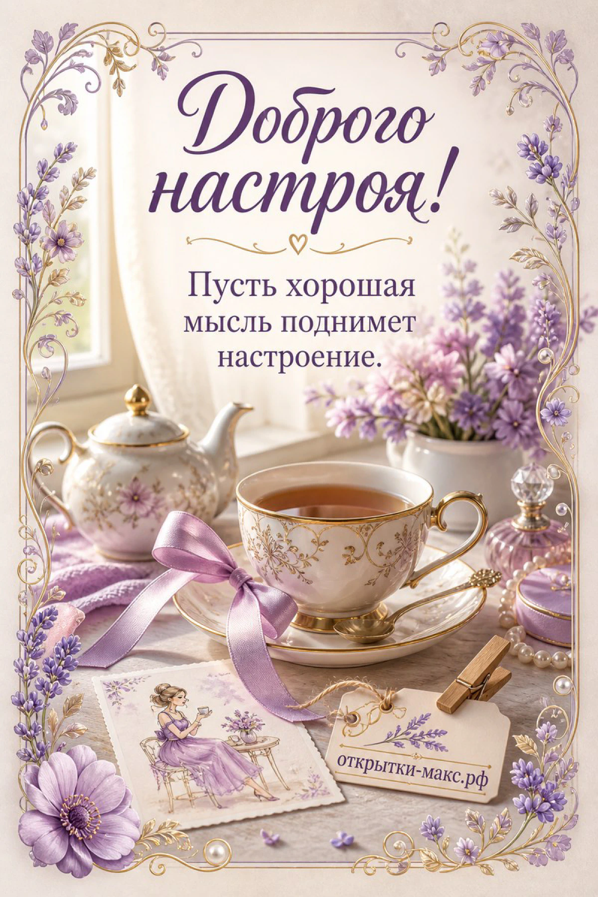 Расписной фарфоровый чайник и чашка чая с лавандой на фоне сиреневых цветов, шёлковая лента и миниатюрная фотография, надпись «Доброго настроя!»