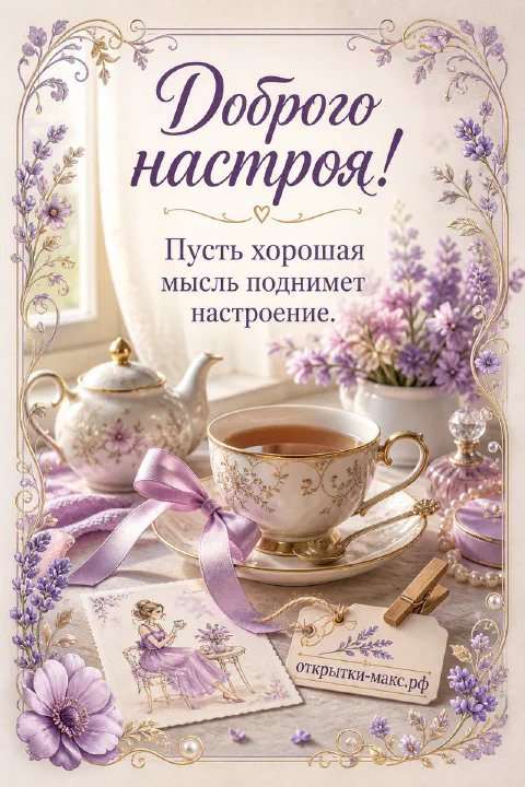 Расписной фарфоровый чайник и чашка чая с лавандой на фоне сиреневых цветов, шёлковая лента и миниатюрная фотография, надпись «Доброго настроя!»