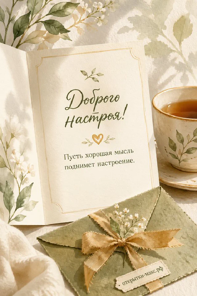 Расписной фарфоровый чайник и чашка чая с лавандой на фоне сиреневых цветов, шёлковая лента и миниатюрная фотография, надпись «Доброго настроя!» — вариант 3