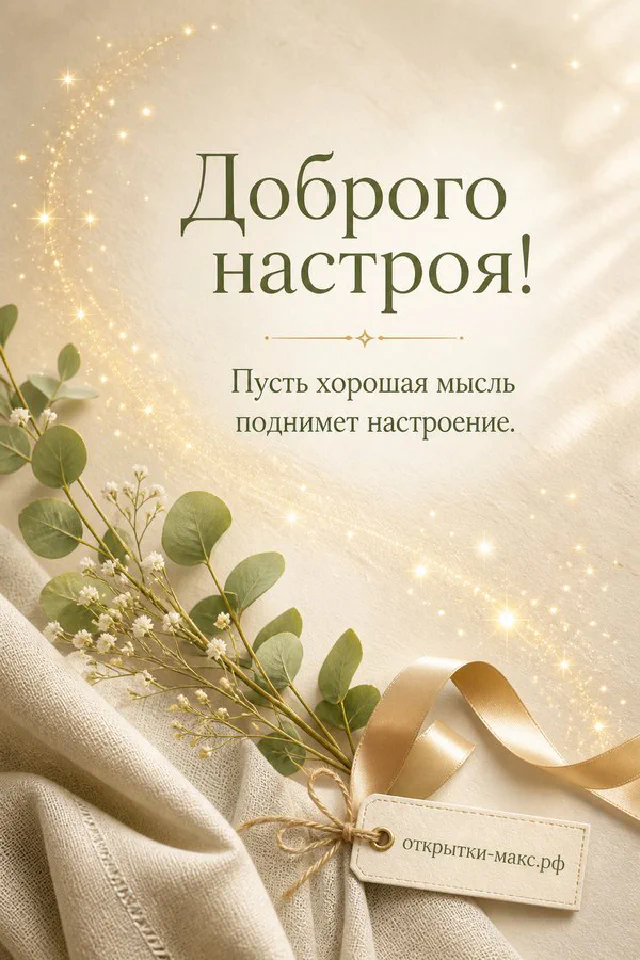 Расписной фарфоровый чайник и чашка чая с лавандой на фоне сиреневых цветов, шёлковая лента и миниатюрная фотография, надпись «Доброго настроя!» — вариант 5