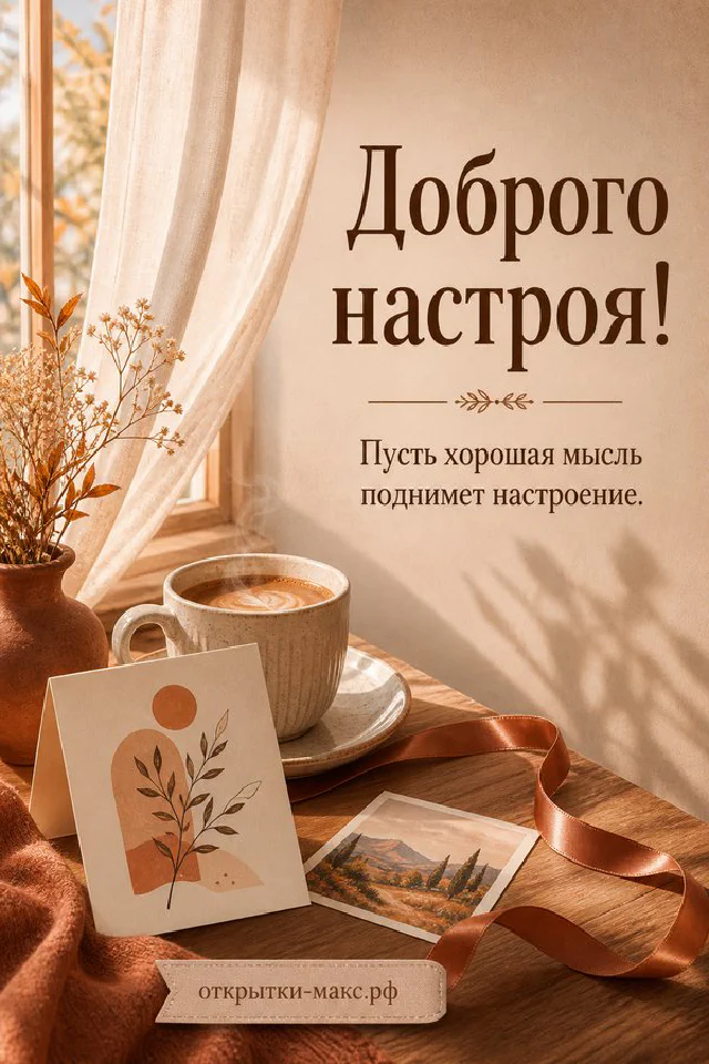 Расписной фарфоровый чайник и чашка чая с лавандой на фоне сиреневых цветов, шёлковая лента и миниатюрная фотография, надпись «Доброго настроя!» — вариант 6