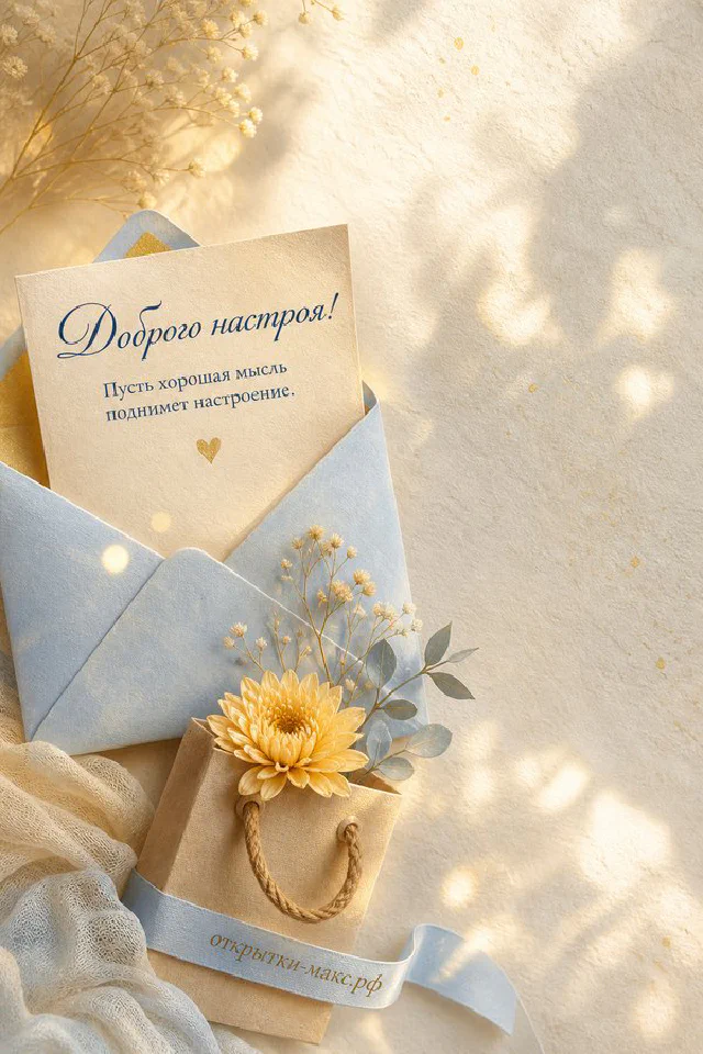 Расписной фарфоровый чайник и чашка чая с лавандой на фоне сиреневых цветов, шёлковая лента и миниатюрная фотография, надпись «Доброго настроя!» — вариант 8