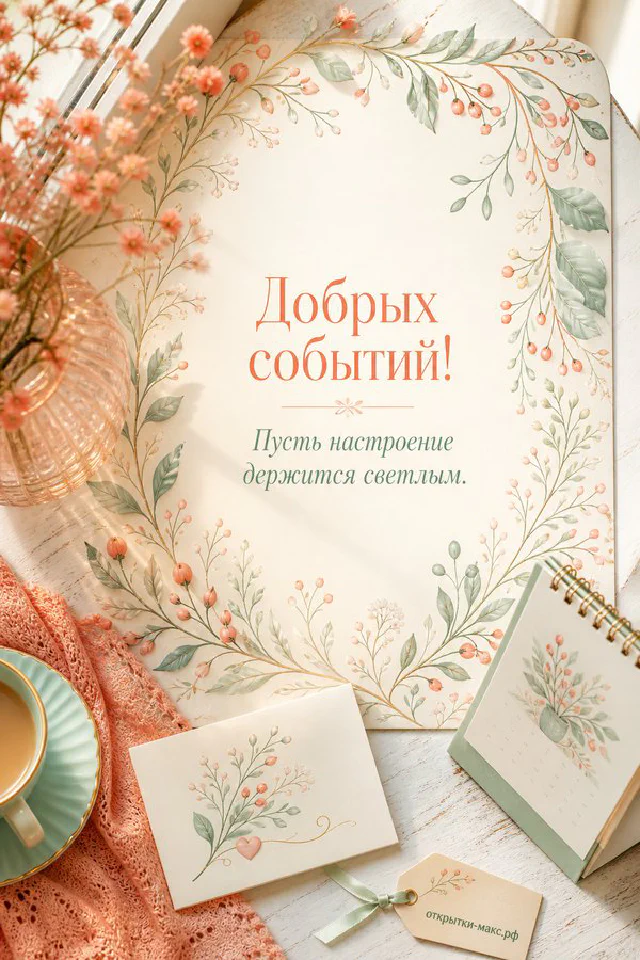Рыжий шотландский кот рядом с открыткой «Добрых событий», свечой и лавандовым декором на сиреневом фоне — вариант 2