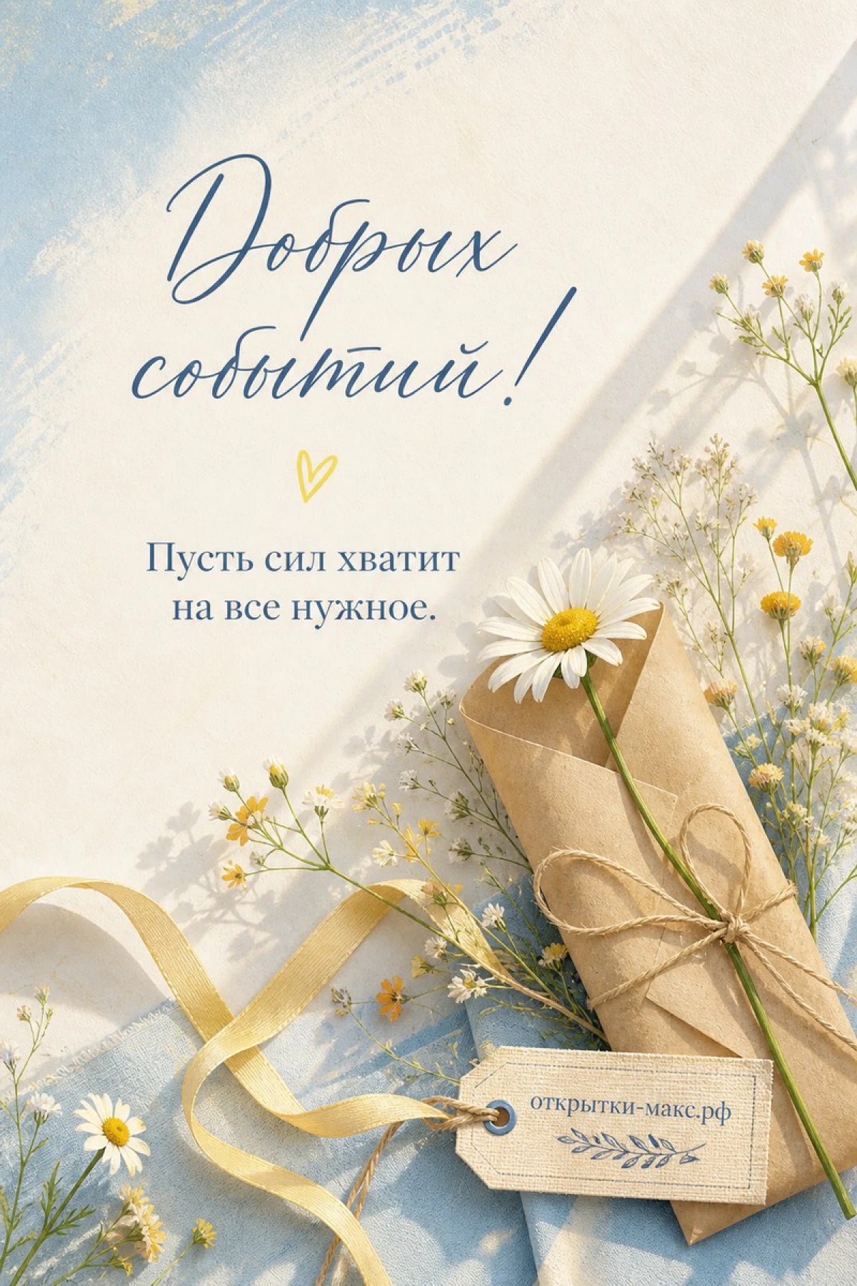 Ромашки и жёлтые полевые цветы, перевязанные бечёвкой в крафтовый конверт, на голубой ткани