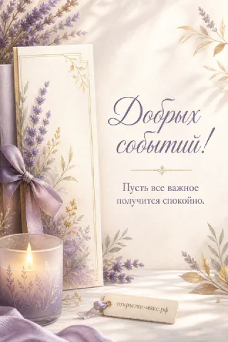 Горящая свеча в стакане и длинная открытка с лавандой и лиловым бантом на светлом фоне